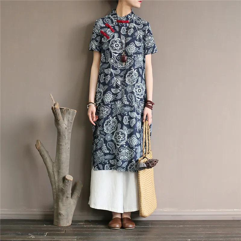 Johnature Frauen Chinesischen Stil Kleid Stehen Kurzarm Knopf Blau Und Weiß Vintage Cheongsam Sommer Hohe Qualität Kleid 210521