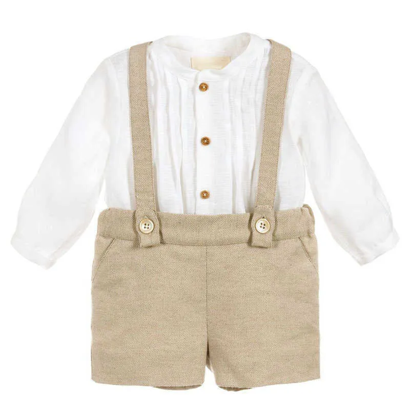 Infant Boys Gentleman Suits Baby Boutique Clothing Set Children Spanish Clothes Toddler Boy White Long Sleeve Shirt Strap Pants 210615