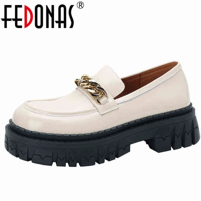 Kleidschuhe FEDONAS Four Season Loafers Frauen Pumps Mode Retro Kette Plattformen Echtes Leder Dicke Absätze Berufstätige Frau 220303