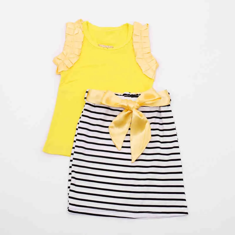 Girls Clothes Set Summer Fungus Sleeve Vest Top + Striped Skirt Of Baby Casual Children 210515