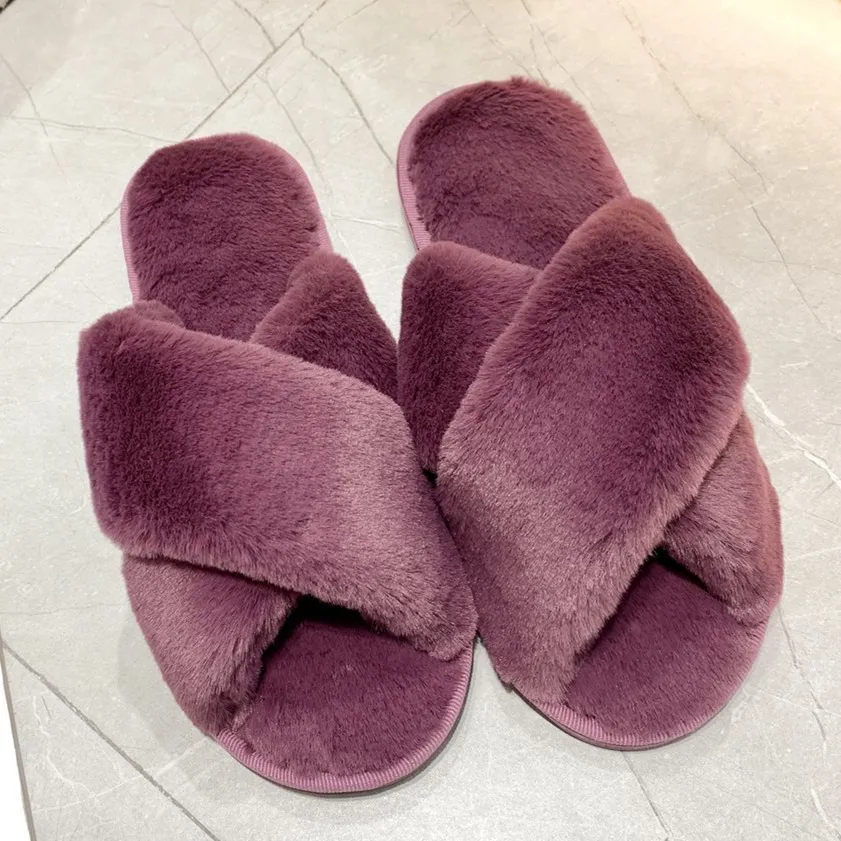 Rymomoda thuis katoen slippers harige dia's voor vrouwen korte pluche indoor slippers lichtgewicht warme platte hak dames mode schoen y0427