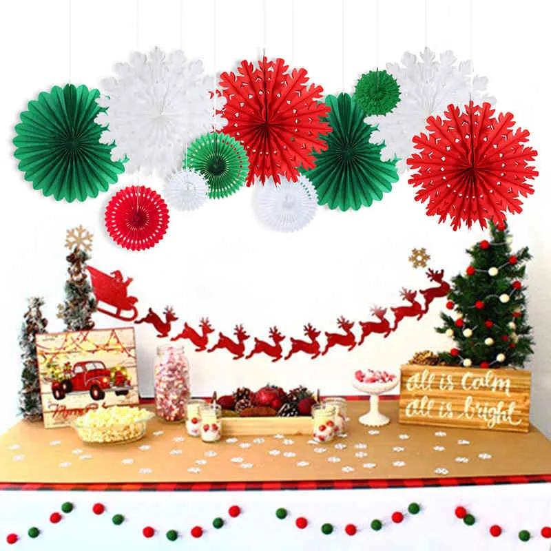 11 pezzi set di decorazioni natalizie verde scuro rosso bianco ventagli di carta ventaglio di fiocchi di neve matrimonio compleanno anno forniture feste di Natale