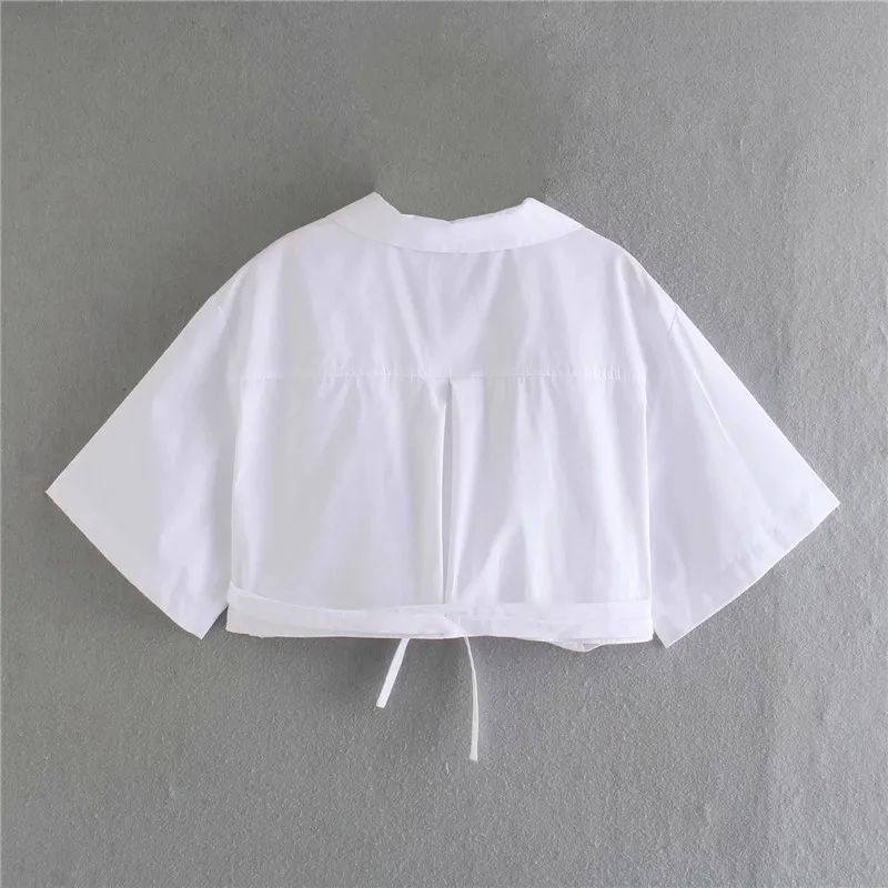 Camisa blanca para mujer Wrap Crop Top Moda femenina Manga corta Chic Mujer Blusa Dobladillo Atado High Street Sexy Tops 210519