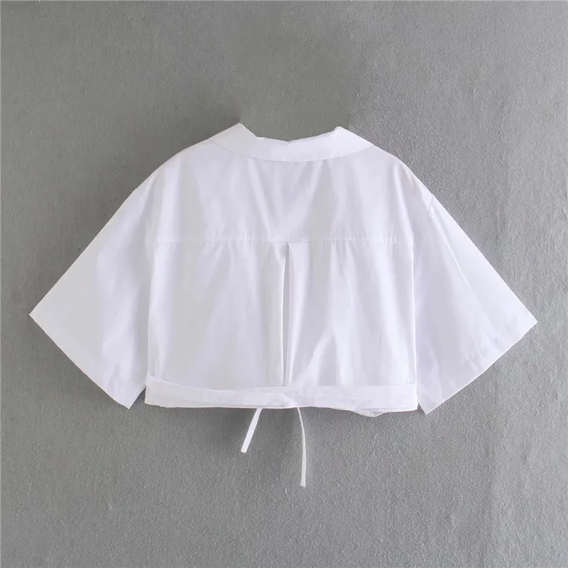 Women's White Shirt Wrap Crop Top Female Fashion Short Sleeve Chic Woman Blouse Hem Tied High Street Sexy Tops 210519