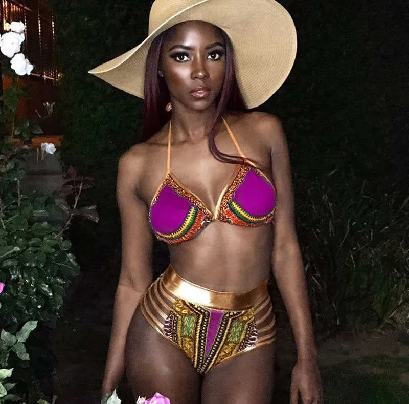 Afrikanskt tryck tvåstycken badprodukter bikini set sexig geometrisk badkläder baddräkt guld hög midja simma kostym 210621