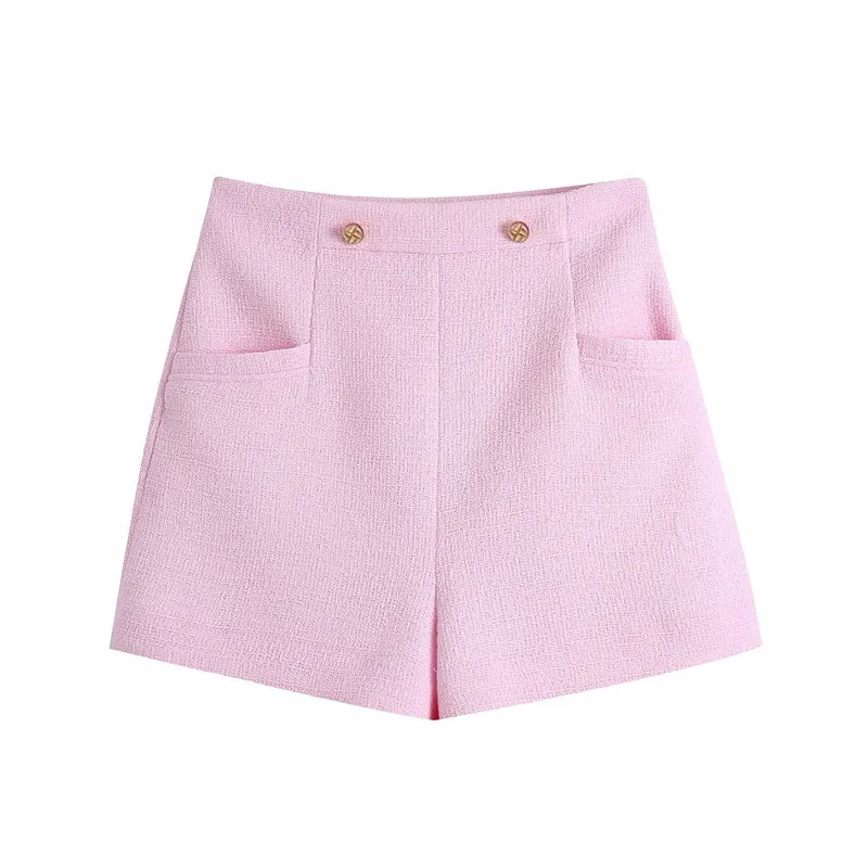 PUWD Casual Femme Rose Tweed Ensembles Assortis Printemps Mode Manches Courtes Costumes Dames Doux Streetwear Shorts Costume 210522