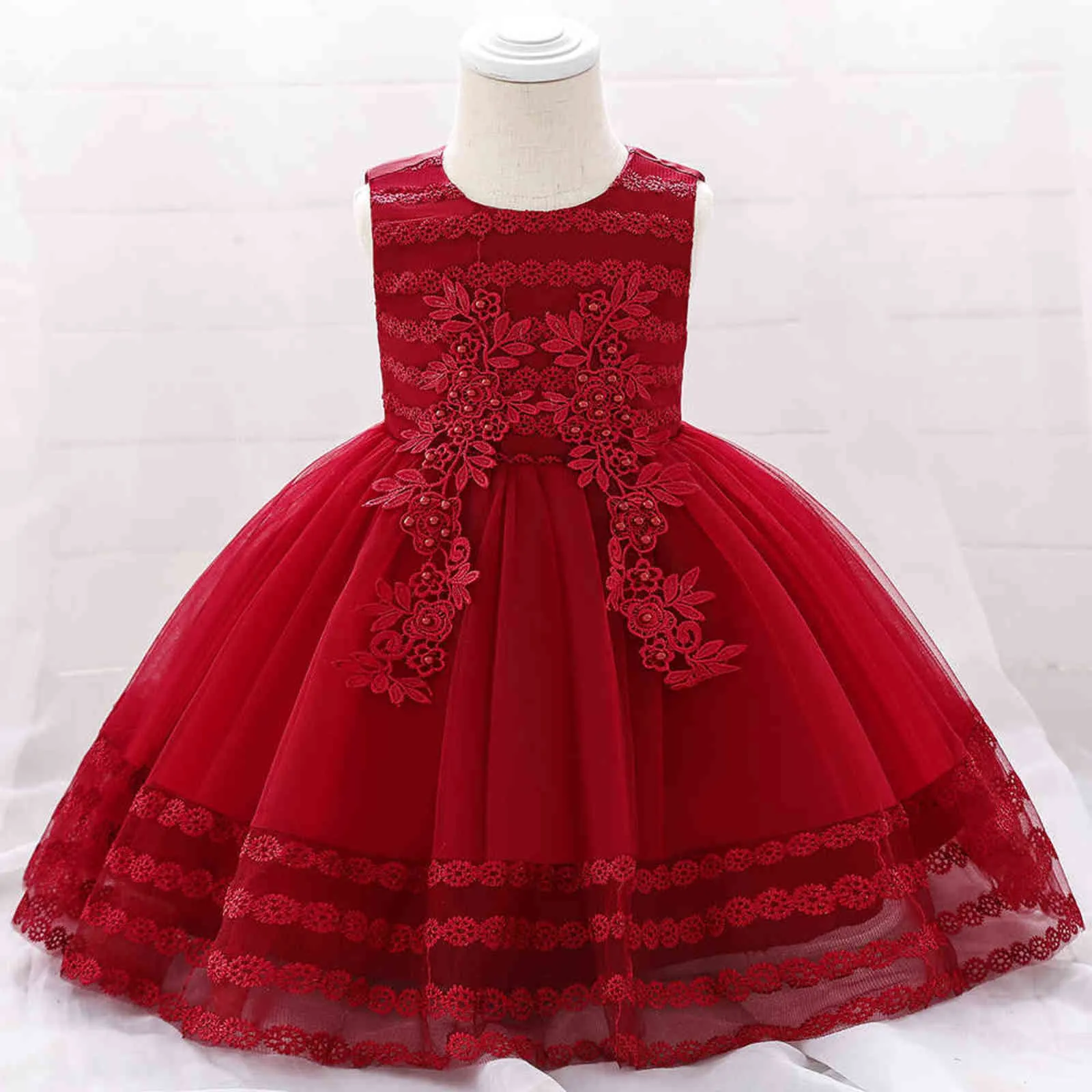 Abito da principessa in pizzo estivo ragazza Abbigliamento feste di compleanno di Natale Abiti da sposa bambini con fiori rosa Costume da ballo bambini G1129