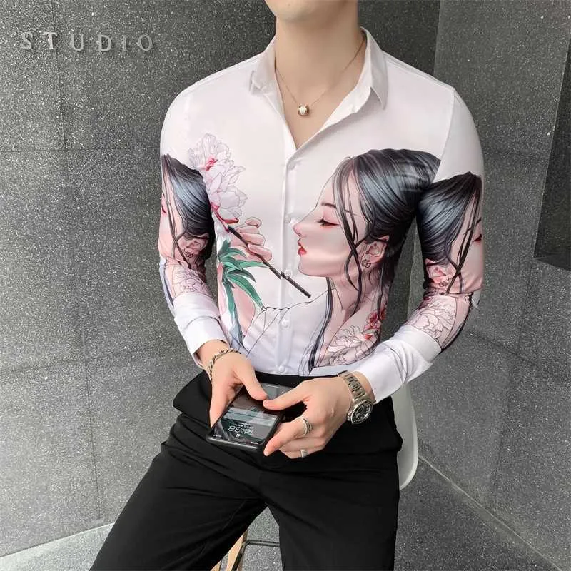 Beauty Print Men Shirts Spadek Z Długim Rękawem Dorywczo Koszula Slim Fit Social Party Bluzka Streetwear Camisa Masculina Ropa Hombre 210527