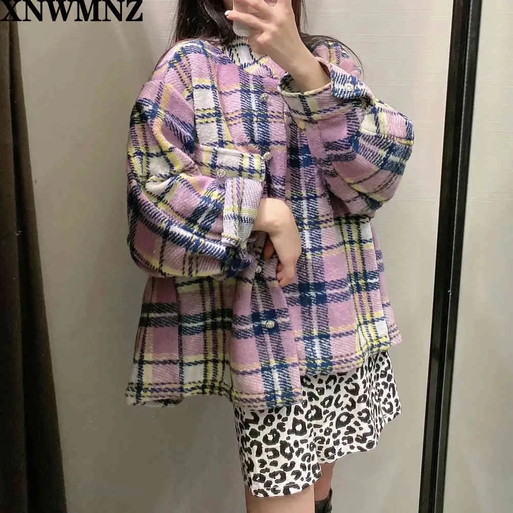 women Fashion blend check shirt ladies Vintage Long cuffed sleeves patch pockets bejewelled buttons Female girls coats 210520