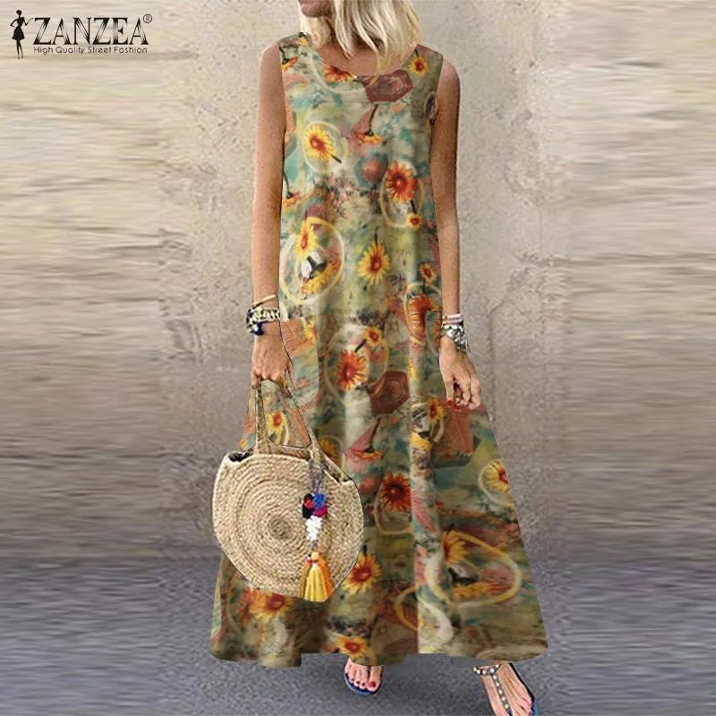 Zanzea kvinnor bohemian blommig tryckt maxi lång klänning 2021 sommar vintage ärmlös vestido casual lös plus storlek sundress x0521