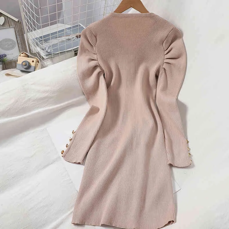 Korobov Korean Single Breasted Pullovers V Neck Puff Long Sleeve Knitted Dress Autumn Winter Office Lady Vintage Dresses Elegant 210430