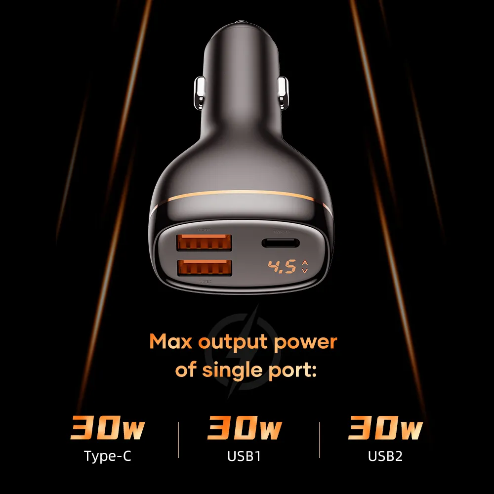 Rock 60W 3 포트 디지털 디스플레이 QC4.0 QC3.0 유형 C PD 패스트 자동차 충전 충전기 iPhone 12 Pro Max Xiaomi Samsung