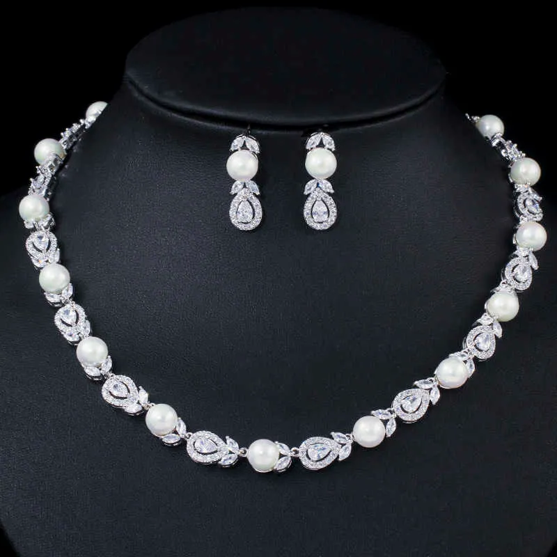 ThreeGraces Elegant White CZ Stone Wedding Brides Big Choker Pearl Necklace and Earrings Negerian Costume Jewelry Sets JS071 H1022