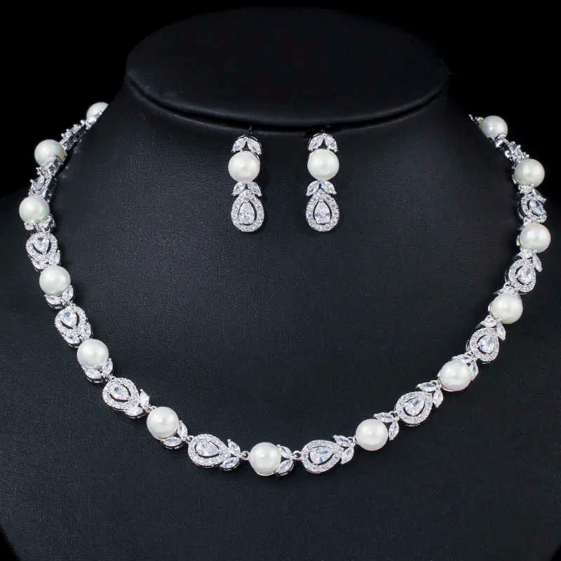 ThreeGraces elegante blanco CZ piedra boda novias gran gargantilla collar de perlas y pendientes Negerian conjuntos de bisutería JS071 H1022