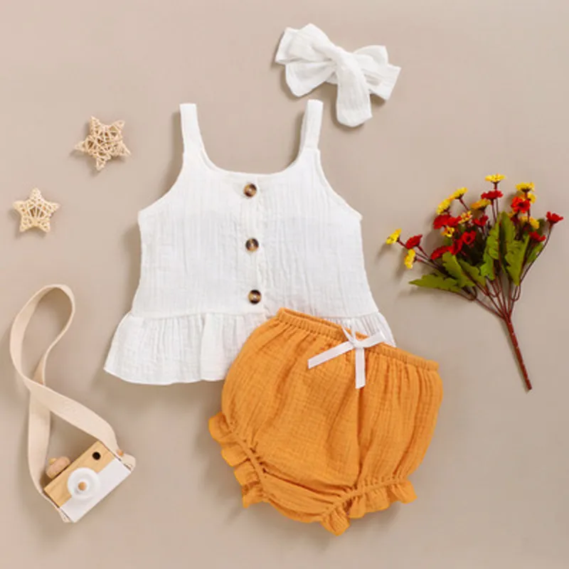 Född Casual Set Sommar Ärmlös Ribbed Jumpsuit + PP Shorts Fashion Baby Girl Clothes Sports Suit 210515