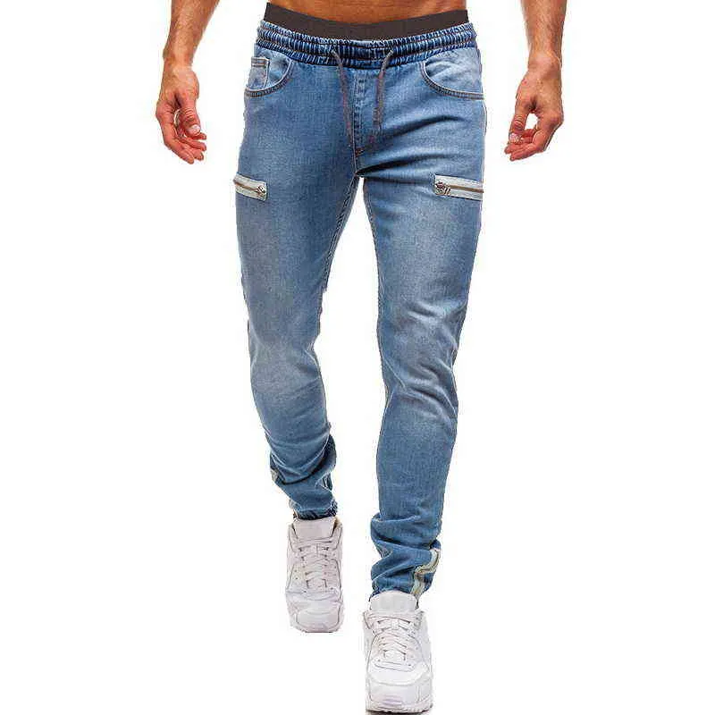 Calças elásticas masculinas com punho casual cordão jeans treinamento jogger atlético moletom moda zíper 211108257z