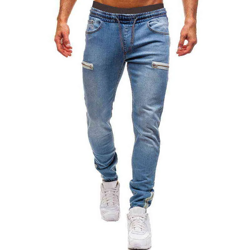 Men's Elastic Cuffed Pants Casual Drawstring Jeans Training Jogger Athletic Sweatpants Fashion Zipper 211108241D