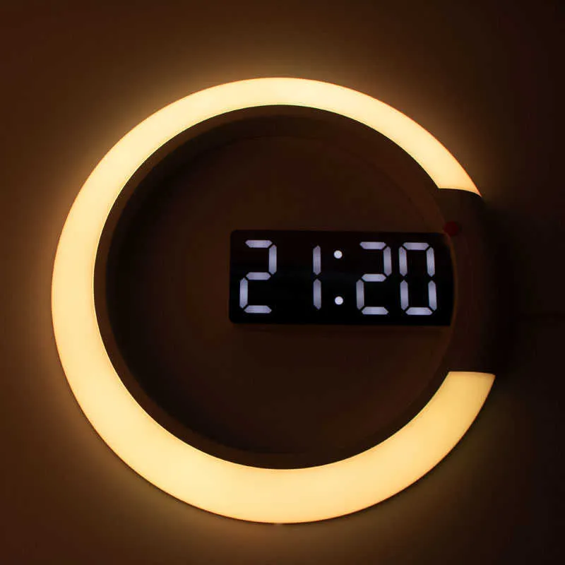 3D LED Digital Wall Clock Alarm Mirror Hollow Watch Table Clock Temperature Nightlight For Home Living Room Decorations 210724