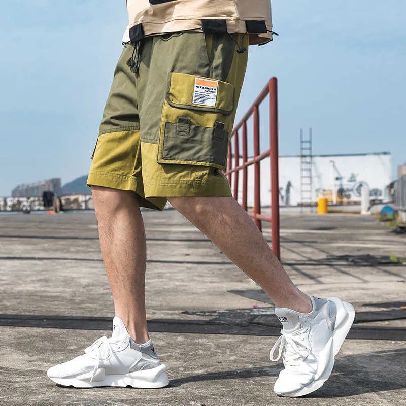 Route unique hommes Cargo Shorts été poches latérales Patchwork Hip Hop japonais Streetwear Harajuku mâle pour 210716