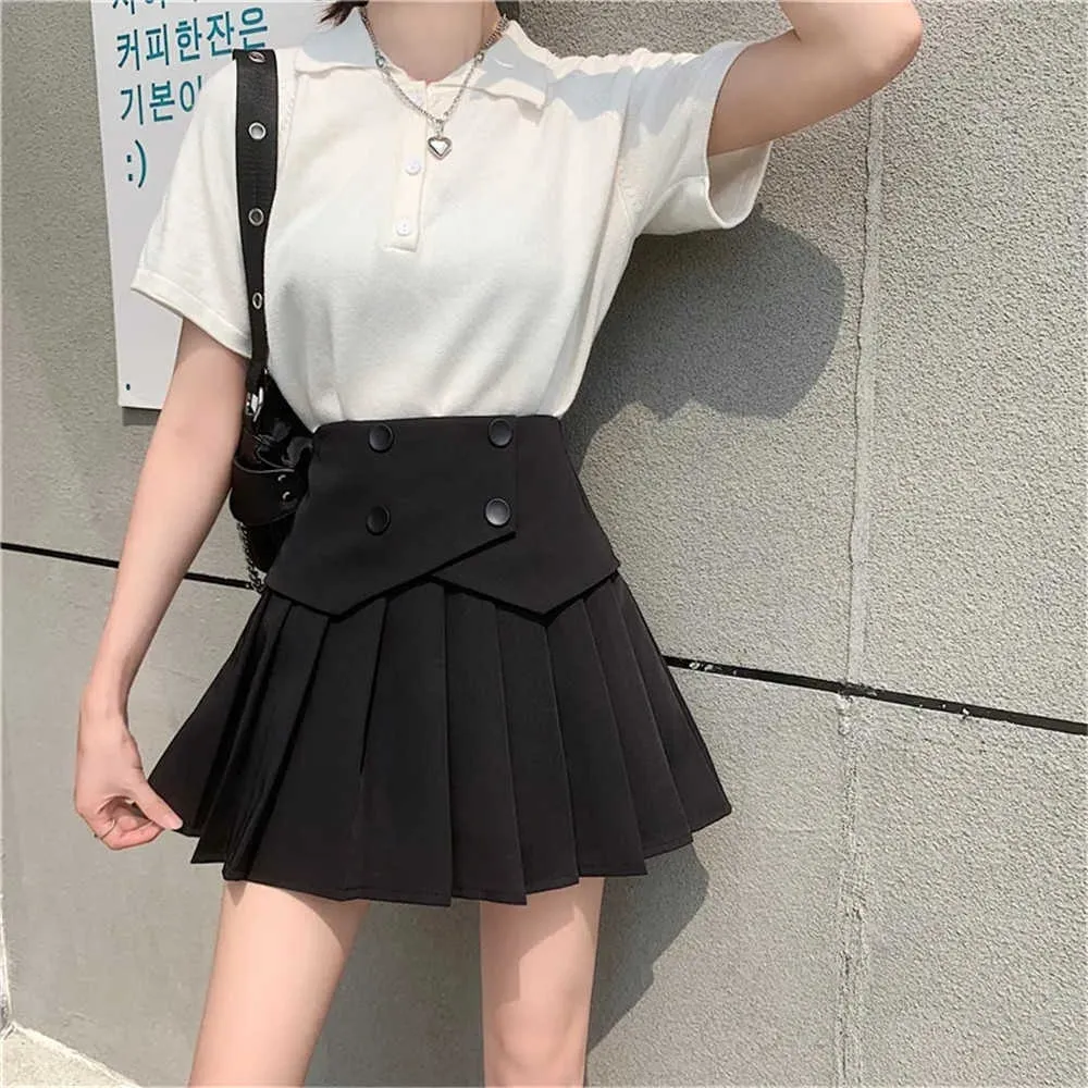 High Waist Pleated Skirt Summer Women'S Black White Short Skirts Vintage Office Ladies Fashion Sweet Girls Slim A-Line Mini Skir 210619