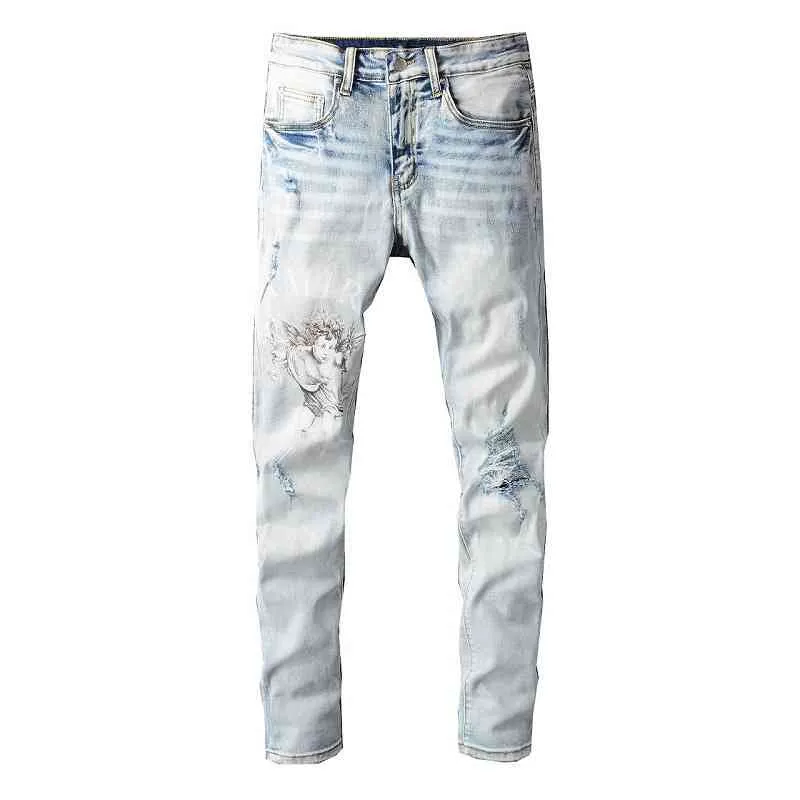 designer Men's Jeans PantsNew US Amirrss casual hip hop high street worn out and worn washed splash ink color painting Slim Fit Jeans Men's DEEG