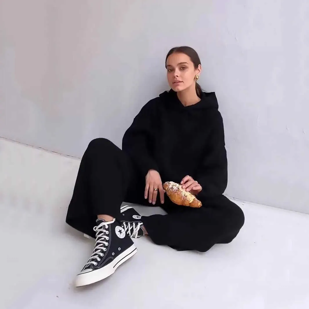 Automne Tricoté Survêtements Femmes Ensembles Assortis À Manches Longues À Capuche + Pantalon À Jambes Larges Loungewear Pull Ensemble Deux Pièces Tenues Y0625