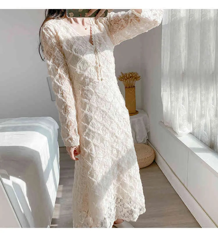 European Style Spring Women Solid Lace High-End Long Sleeve Sexy V Neck Hollow Elegant Slim Office Dress Vestidos 210514