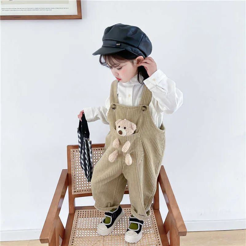 Primavera Bebé 2-PCs Conjuntos de mangas compridas Soild camisas de cor + corduroy urso macacão crianças roupas E7036 210610