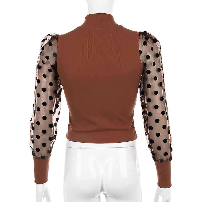 Brown Ribled Knit Y2K Винтаж в горошек сетка с длинным рукавом Patched Femme мода женские футболки Harajuku Turtleneck Top Tee 210510