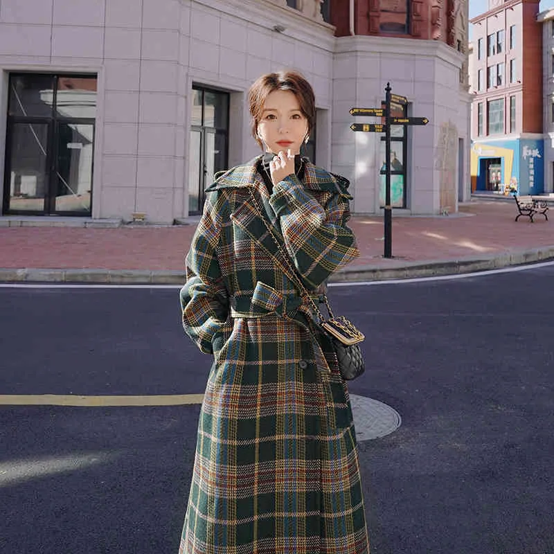 Vintage Plaid Verdicken Frauen Wolle Langen Mantel Outercoat Winter Warme einreiher Gürtel Koreanische Damen Mantel Femme 210513