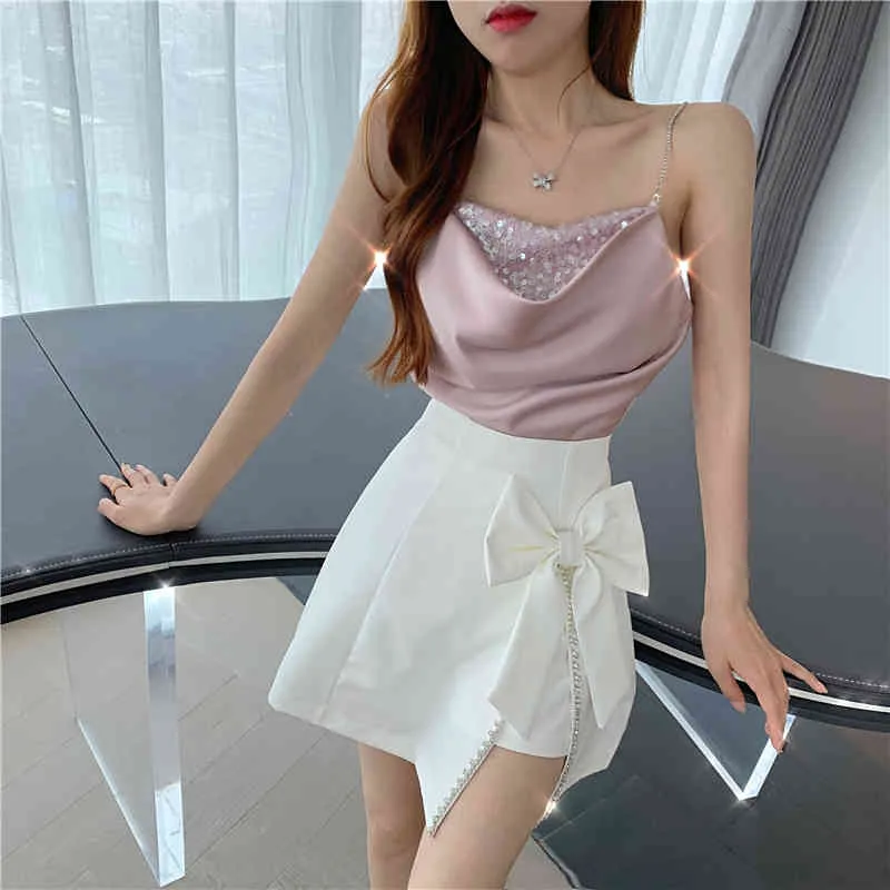 Women High Street Sweet Solid Color Girls Bow Diamonds Asymmetrical Irregular Waist A-Line Short Skirt S3010 210514