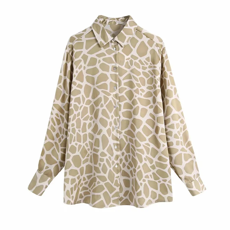 Frühling Khaki Animal Print Satin Hemd Frauen Langarm Top Frau Mode Lose Beiläufige Button Up Vintage Bluse 210519