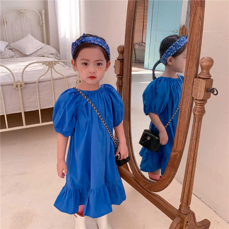 Sommermode Mädchen blau Freizeitkleider koreanischen Stil Rüschen Kinder weiche lose lange Stil Kleid 1-6Y Q0716