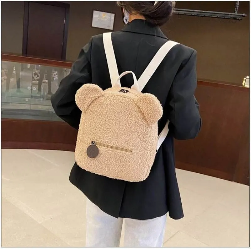 Cute Bear Shaped Kids Backpack School Bags For Women Girls Teenagers Children Casual Lovely Lamb Fleece Large Capacity Backpacks 220224