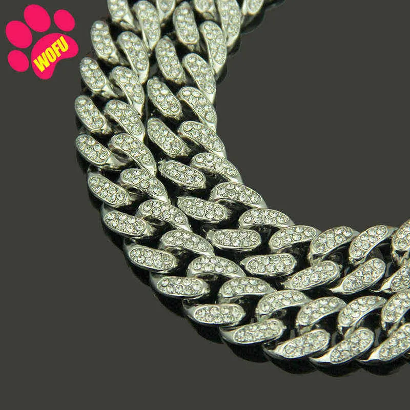 Wofuwofu diamant gouden hondenkraagloze stalen stalen huisdier kraag riem metalen ketting luxe kristal grote hondenkraagleer pitbull H1123390625