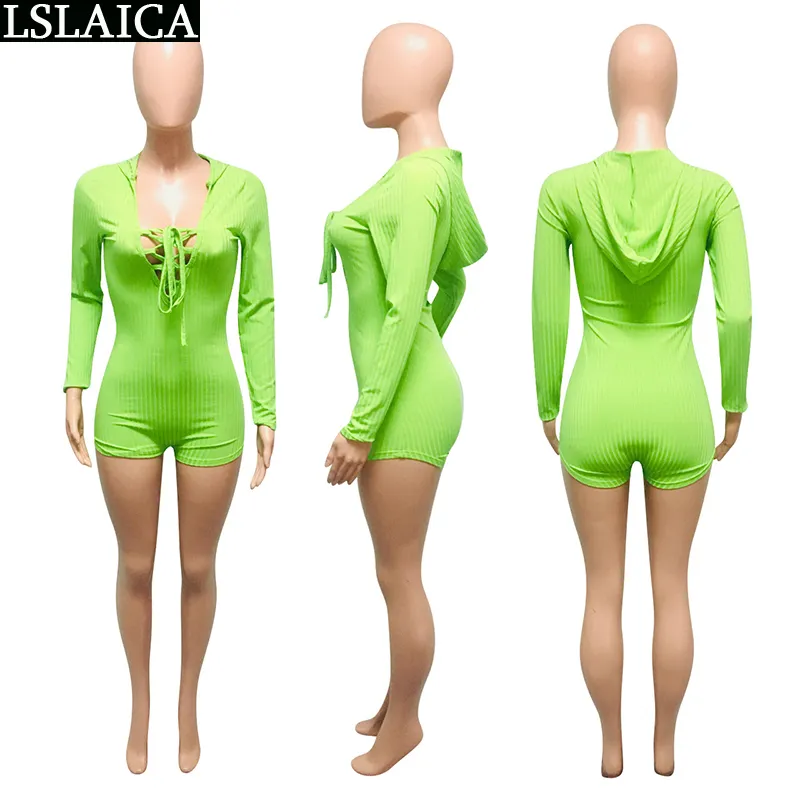 Macacão macacão feminino macacão verde lacing up magro elegante manga longa bodysuit moda casual bodycon sexy mulheres 210515