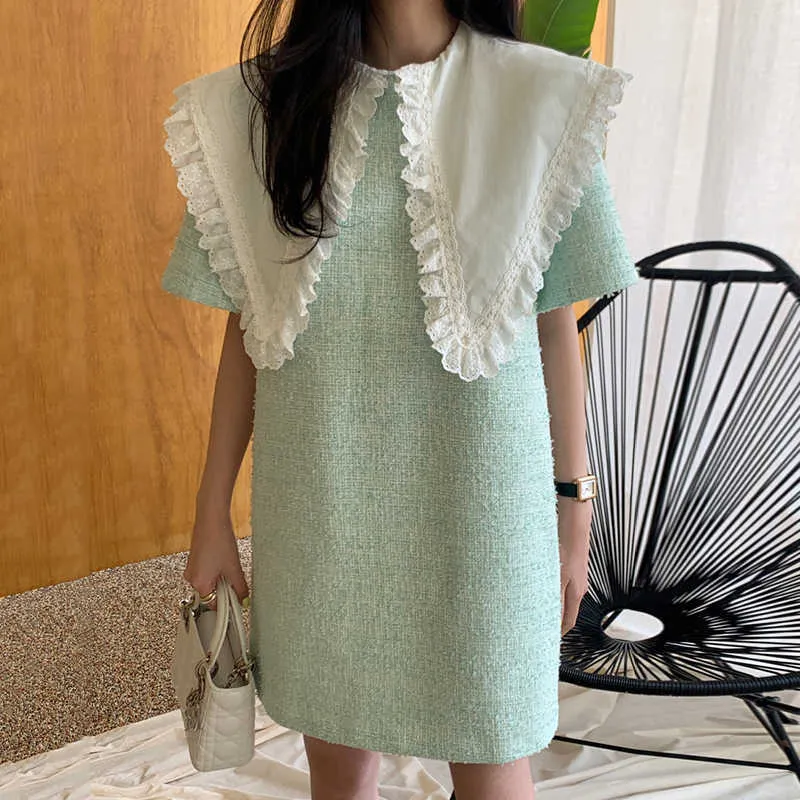 Korejpaa Women Dress Summer Korean Chic Girl Sweet Elegant Temperament Doll Lapel Lace Stitching Design Loose Tweed Vestido 210526