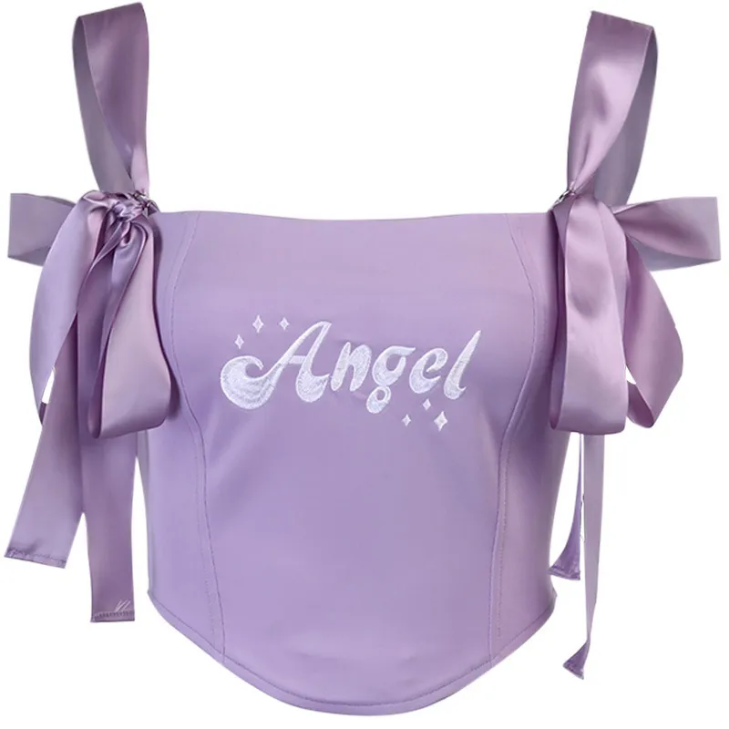 Paarse top vrouwen zomer meisjes shirt engel slanke korte sexy kant schattige vlinder bandage sling backless vest 210422