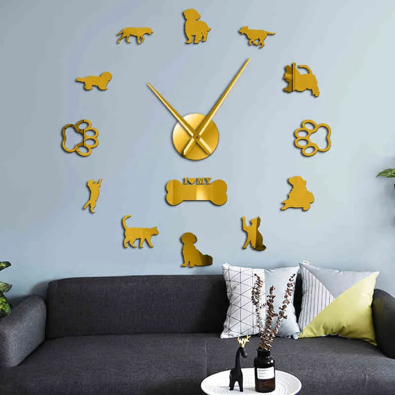 3D Chats Et Chiens DIY Mur Décoratif Muet Grande Horloge Murale Animaux Autocollant Mural Sans Cadre Montre Géante Décor À La Maison Animaux Propriétaire Cadeau H1230