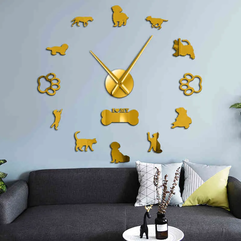 3D猫と犬のDIYの壁の装飾的なミュート大壁時計動物の壁のステッカーフレームレス巨大な腕時計の家の装飾ペットオーナーギフトH1230