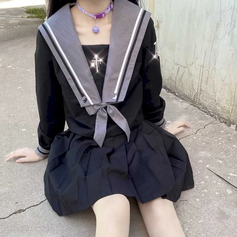tvådelad högskola stil kvinnlig student kostym under era sub-era mörk svart dålig jk uniform kjol sjöman japansk coll 210526