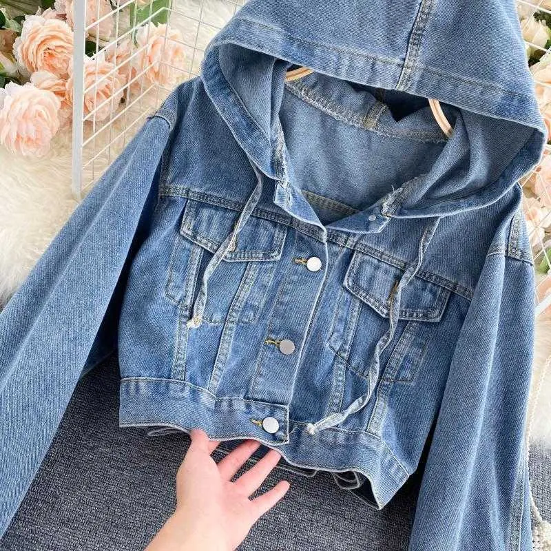 All-match Vintage High Waist Casual Autumn Long Sleeve Hooded Cropped Denim Jacket Clothing Fashion Tops Jeans Coat Streetwear 210610