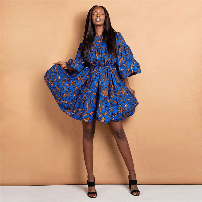 Isarose Kadınlar Etnik Afrika Elbiseler Trendy Dashiki Giyim Baskılı Zengin Bazin Fırfır Kol Boy Bayanlar Ankara Parti Elbise 210422