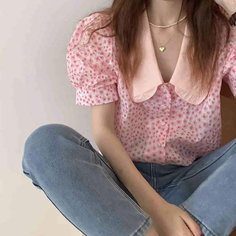 Coreano chique doce doce doce babados boneca camisas rosa peter pan colar floral blusa sopro manga curta tops moda botão up 210429