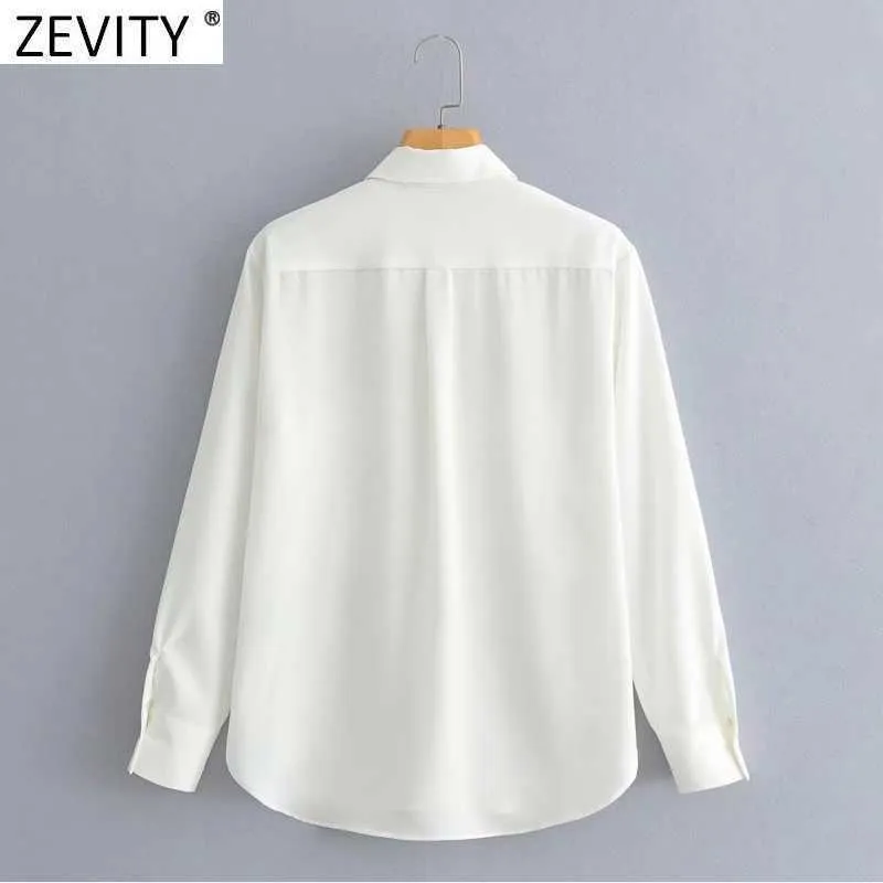 Zevity, camisa de negocios con parche de doble bolsillo para mujer, blusa con cuello vuelto para mujer de oficina, blusas Chic Chemise LS9290 210603
