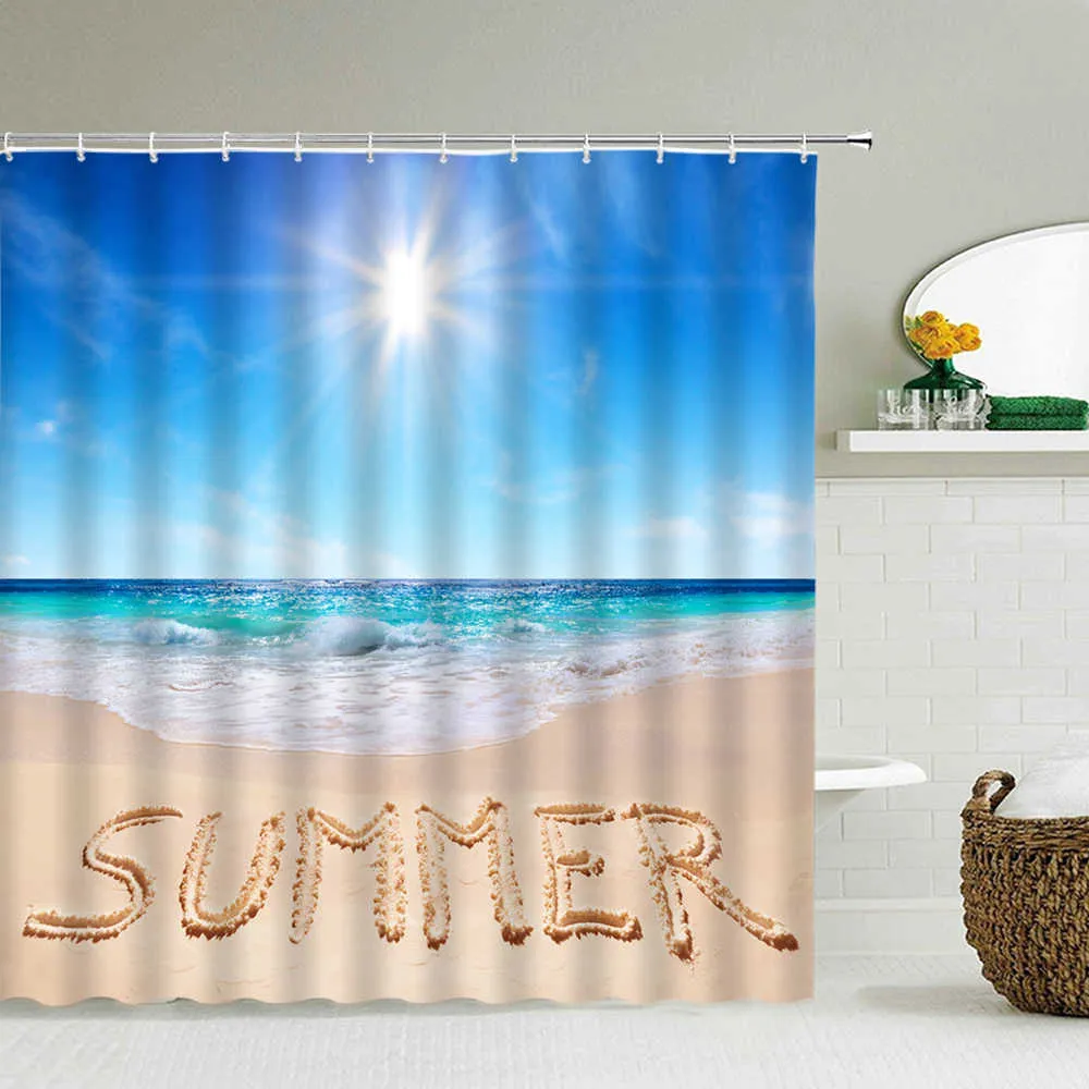 3d Beach Scenery Shower Curtains Sea Ocean Mediterranean Bathroom Waterproof Cloth Decoration 180*240cm Bath 210915
