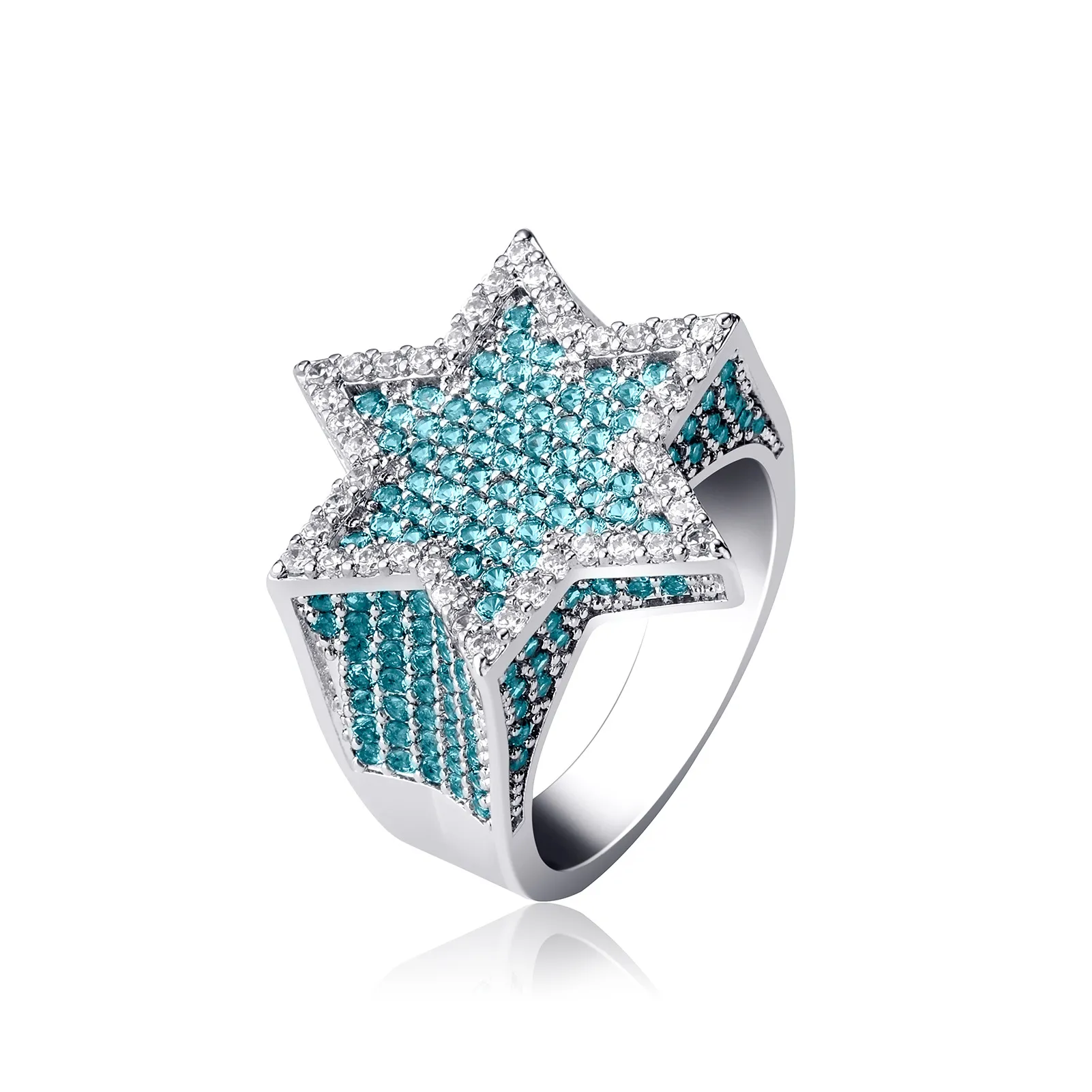 Ny Hexagon Star Silver Color Blue Iced Out Cubic Zircon med sidoningar Ringar Micro Paled Diamond Hip Hop Jewelry For Gifts300w