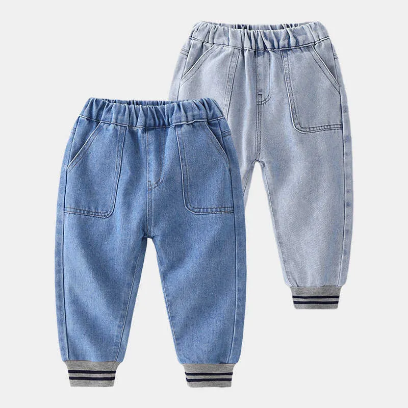 赤ちゃんの弾性ズボン春秋の子供服の子供たちの大きなポケットデミの長いズボンのカジュアルストレートジーンズのための男子210529