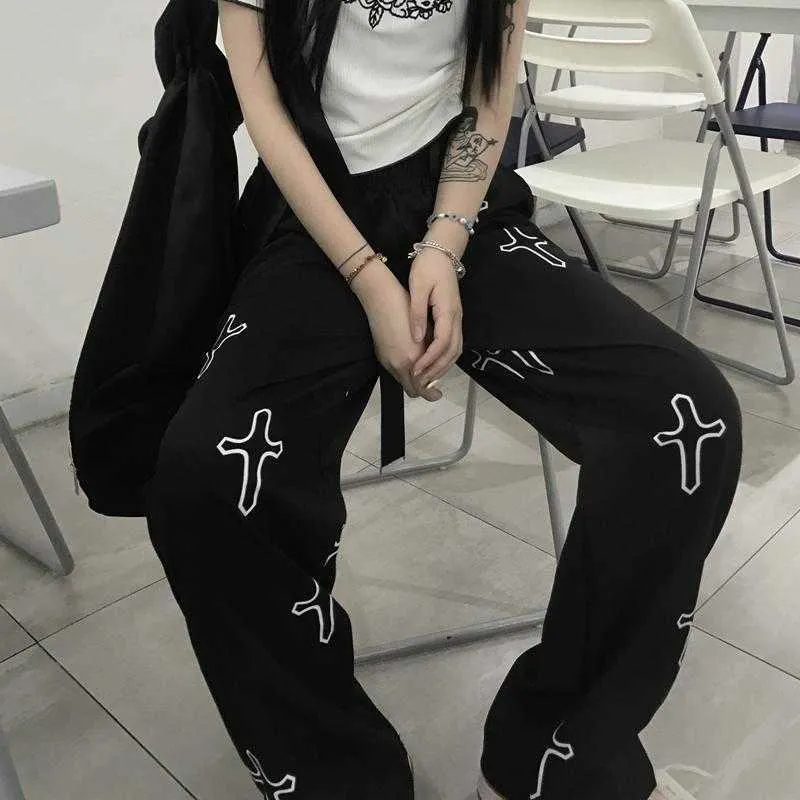 Mingliusili Gothique Pantalon à jambes larges Femmes Été 2021 Mode Vintage Punk Imprimer Pantalon Streetwear Lâche Casual Y2K Pantalon Q0801