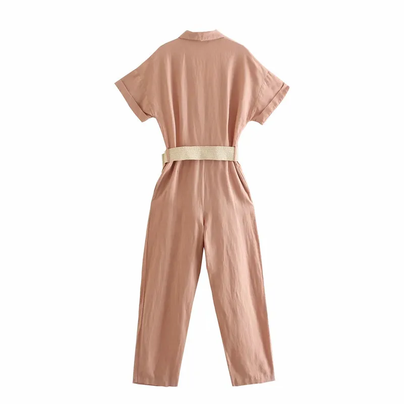 Gürtel Lange Overalls Frauen Casual Sommer Kurzarm Elegante Frau Mode Büro Damen Strampler 210519